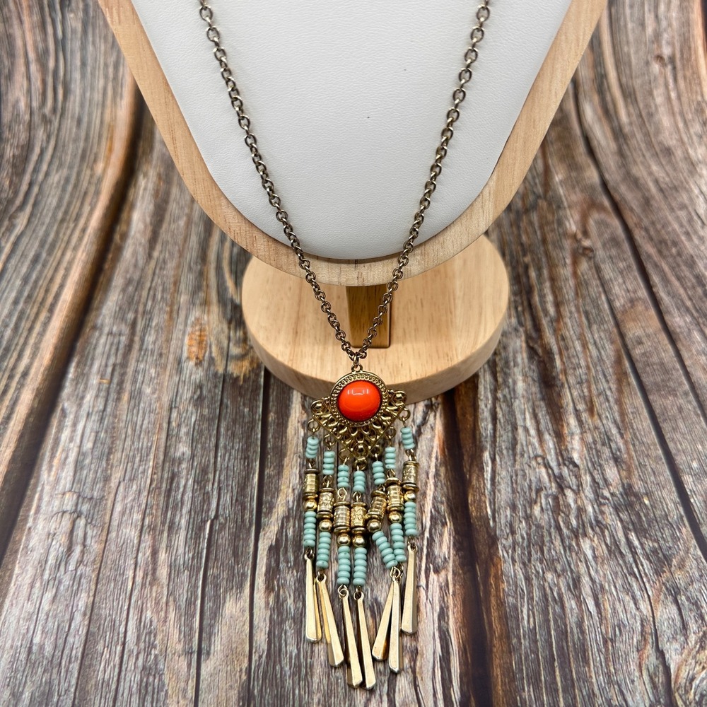 Boho Tribal Orange Cabochon Turquoise Tone Bead Fringe Pendant Necklace Vintage